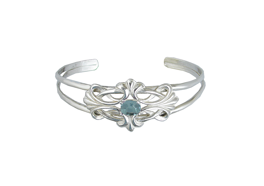 Sterling Silver Victorian Cuff Bracelet With Faceted Blue Topaz